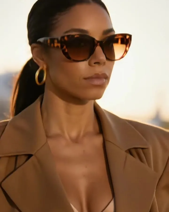 Still from an AI ad: a model in sunglasses