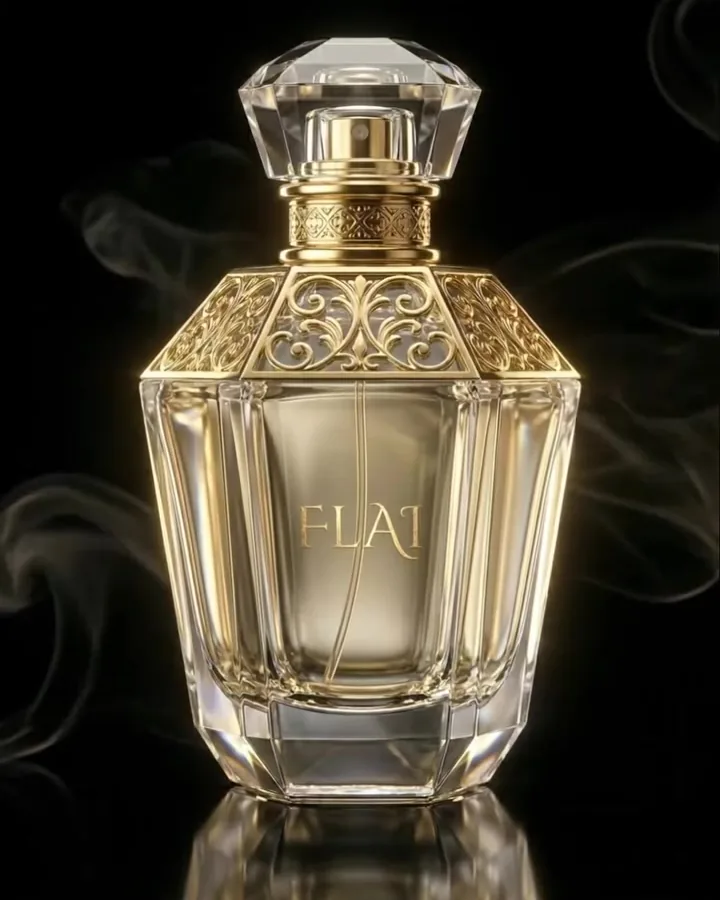 AI product photo of FLAI perfume on a black background