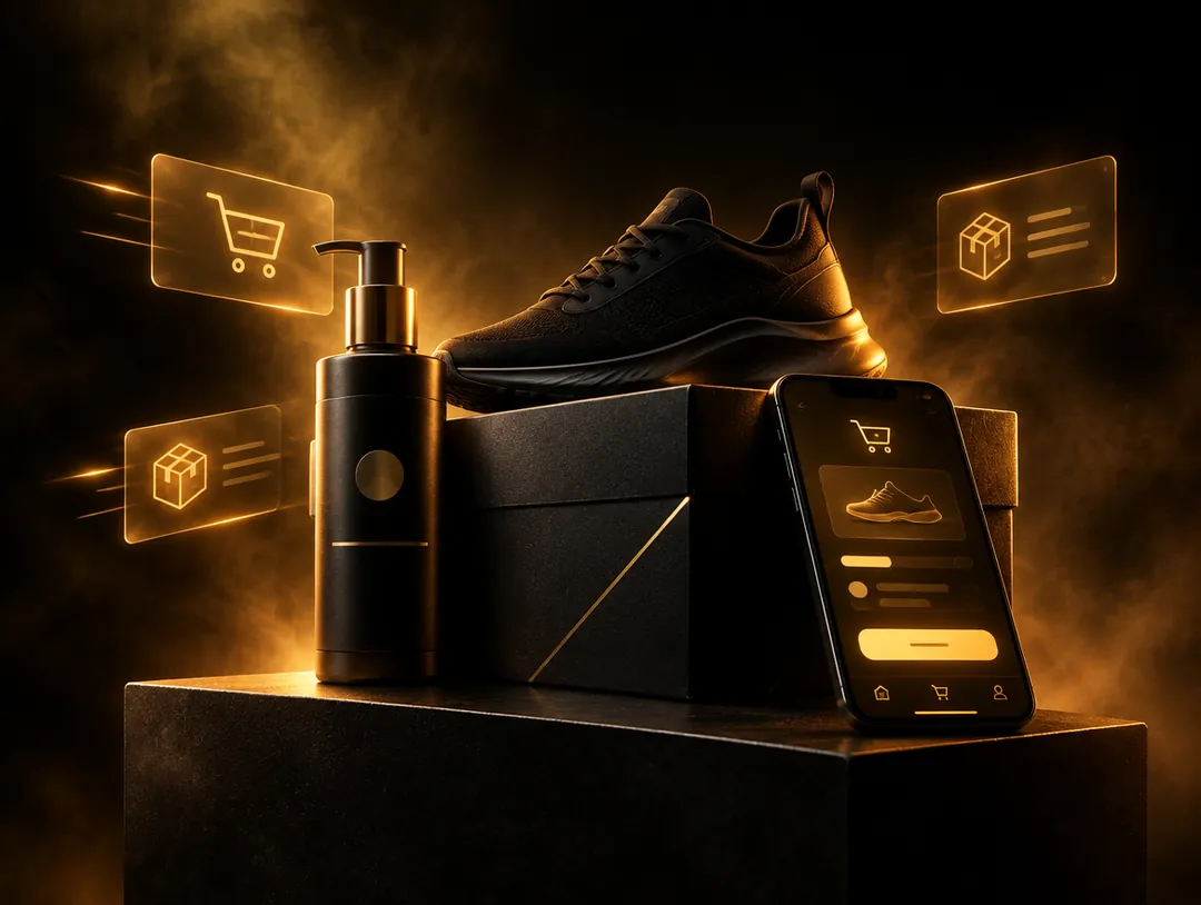 AI produktová scéna pre e-shop: produkty v zlatom svetle